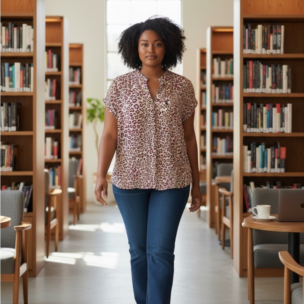 Marled Pink and Tan Leopard Print Blouse Size XL